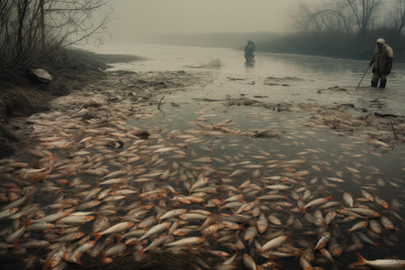 Fishermen catch fish on the bank of the river in winterの素材