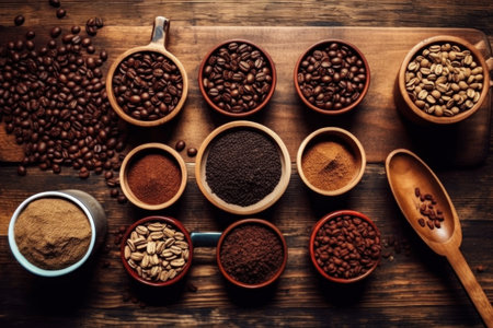 Coffee beans and ground coffee in a bowl on wooden backgroundの素材