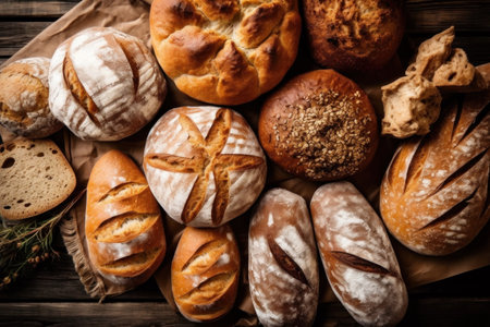 Different types of bread on a wooden background. top view. Copyspace.の素材