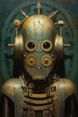 Vintage robot in an abandoned factory, close-up shot.の素材