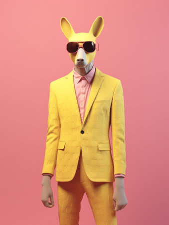 Mannequin wearing yellow suit and sunglasses. Studio shot on pink background.の素材