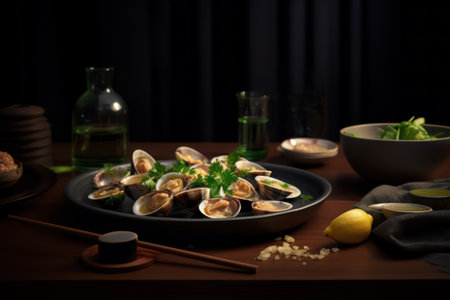 japanese cuisine. steamed clams in black plate on wooden tableの素材