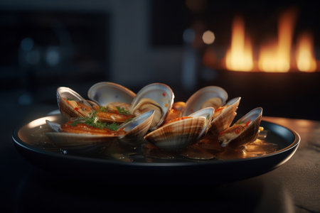 Delicious clams in bowl on table in kitchen, closeupの素材