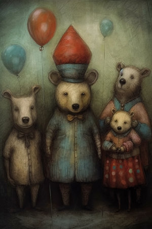 Three bears in the form of a man and a woman with balloonsの素材