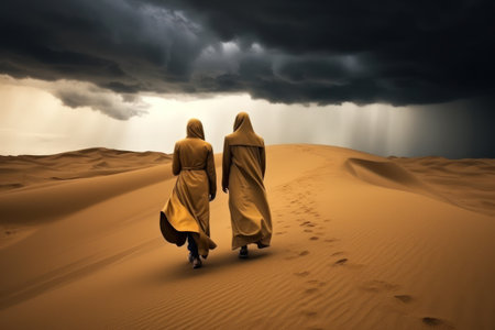 Two monks walking in the desert with dark stormy sky and rainの素材