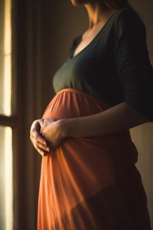 Pregnant woman feeling happy at home while taking care of her child. The young expecting mother holding baby in pregnant belly. Maternity prenatal care and woman pregnancy concept.の素材