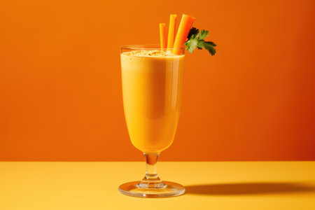 Glass of carrot smoothie garnished with celery on orange backgroundの素材