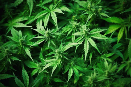 Cannabis leaves background. Medicinal indica with CBD. Green background of leaves of marijuana. Marijuana grow operation.の素材