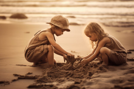 Two little girls playing with sand on the beach. Select focus.の素材