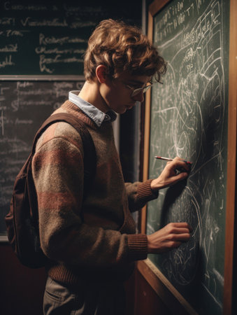 Portrait of a schoolboy writing on a blackboard in a classroomの素材