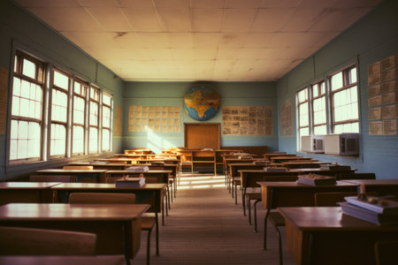 Interior of an old school classroom with desks, chairs and a globeの素材