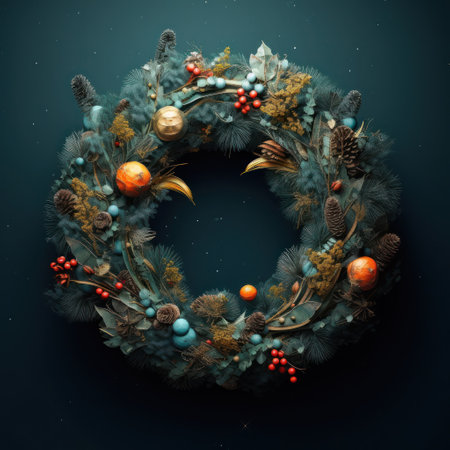 Christmas wreath with fir branches, pine cones and berries on dark backgroundの素材