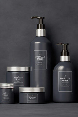 Mockup of black cosmetic bottles on gray background. 3d renderingの素材