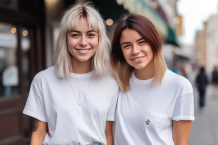 Portrait of two beautiful girls in white t-shirts on the background of the cityの素材