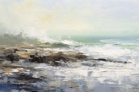 Abstract oil painting on canvas of seascape with waves crashing against the shoreの素材