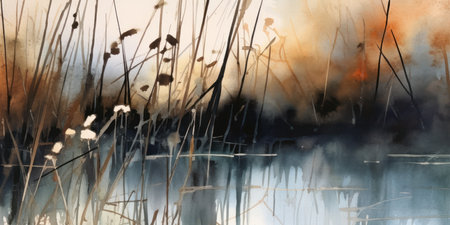 Abstract watercolor painting of reeds and reeds in the lake.の素材