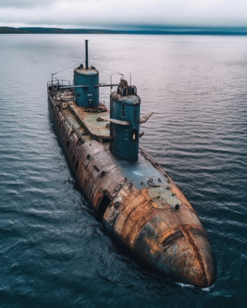 Abandoned submarine in the middle of the sea on a cloudy dayの素材