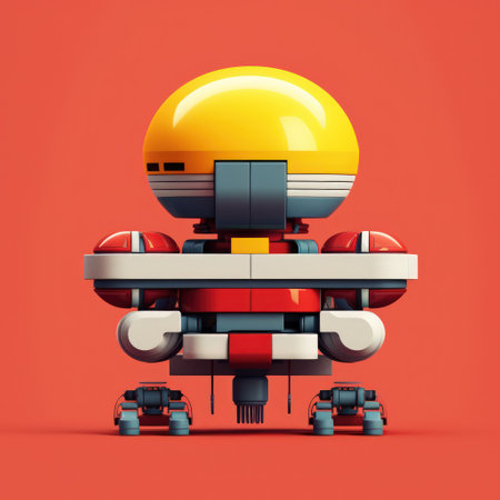 Robot toy isolated on orange background. 3d rendering illustration.の素材