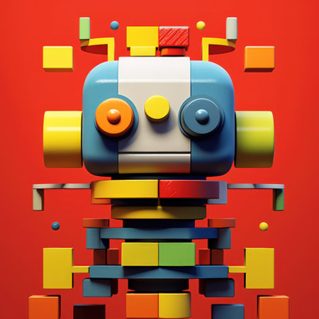 Robot made of cubes on a red background. 3d illustrationの素材