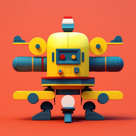 Retro robot on a red background. 3d rendering, 3d illustration.の素材