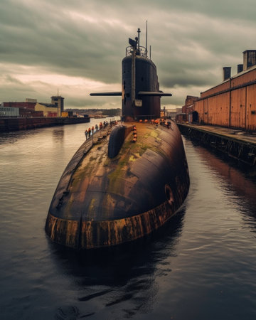 Old submarine in the harbor of Hamburg, Germany. The ship is docked in Hamburg.の素材