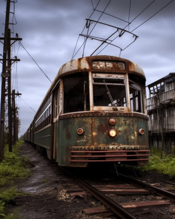 Abandoned old rusty train at the railway station in the eveningの素材