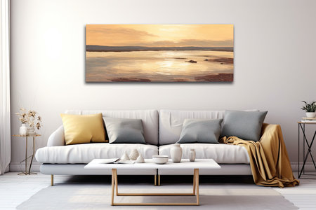 Living room interior with a white sofa, a coffee table, a coffee table and a poster. 3d rendering mock upの素材