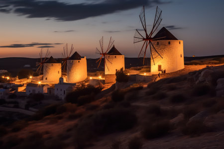 Old windmills at sunset, Mykonos, Greeceの素材