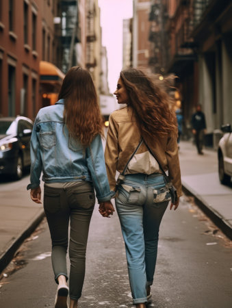 Two young women walking in the city, holding hands and smiling.の素材