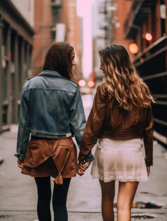 two young beautiful women walking in the city, holding hands and smilingの素材