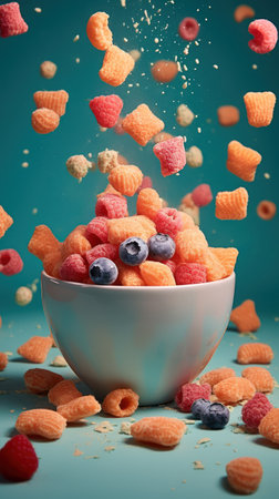 Bowl full of cornflakes and falling berries on blue backgroundの素材