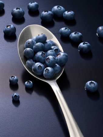 Blueberries in a spoon on a dark background, close-upの素材