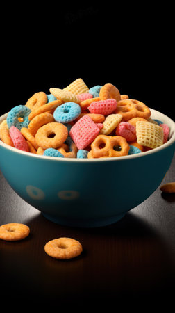 Colorful cornflakes in a blue bowl on a black backgroundの素材
