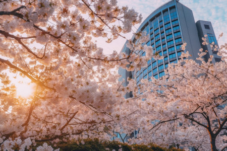 Cherry blossoms and office building in Tokyo, Japan. Cherry blossom season.の素材