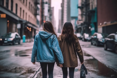 Two young women walking in the city on a rainy day. Back view.の素材