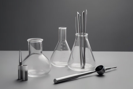 Laboratory glassware on gray background, science research and development conceptの素材