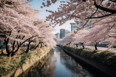 Cherry blossoms in full bloom along the river, Tokyo, Japanの素材