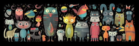 Cute hand drawn vector illustration of a group of owls.の素材