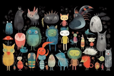 Cute hand drawn monsters collection. Watercolor illustration on black background.の素材