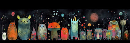 Horizontal banner with cute cartoon animals in the forest. Watercolor illustration.の素材