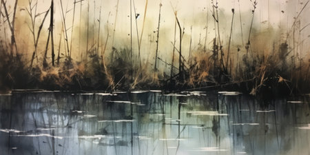 Beautiful winter landscape with frozen lake and reeds. Digital painting.の素材