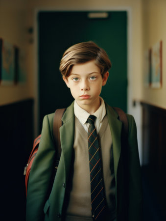 Portrait of a schoolboy with a backpack in the school corridorの素材