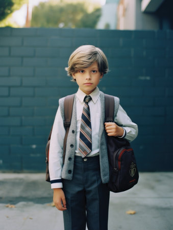 portrait of a schoolboy with a backpack and a schoolbagの素材