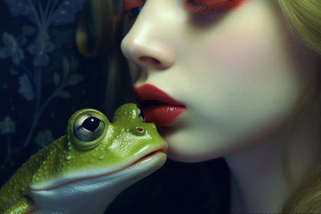 Fashion shot of a beautiful young woman with green eyes and a frog.の素材
