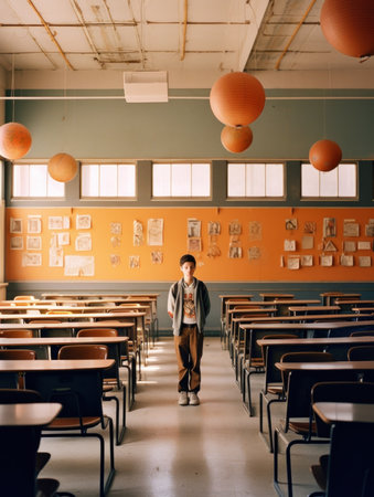 Handsome young man in casual clothes standing in an empty classroomの素材