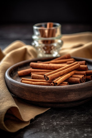 Cinnamon sticks in wooden bowl on dark background, selective focus.の素材