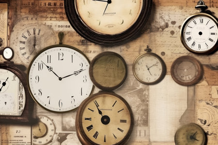 Vintage antique clock on old paper background. Retro style toneの素材