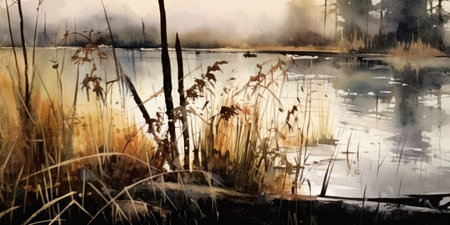 Abstract watercolor painting of a lake with reeds. Nature background.の素材