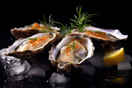 Oysters with lemon and dill on a black background.の素材