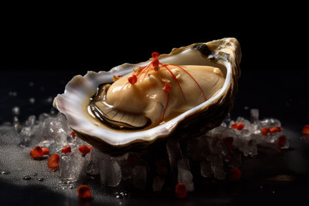 Fresh oysters with ice on black background. Seafood concept.の素材